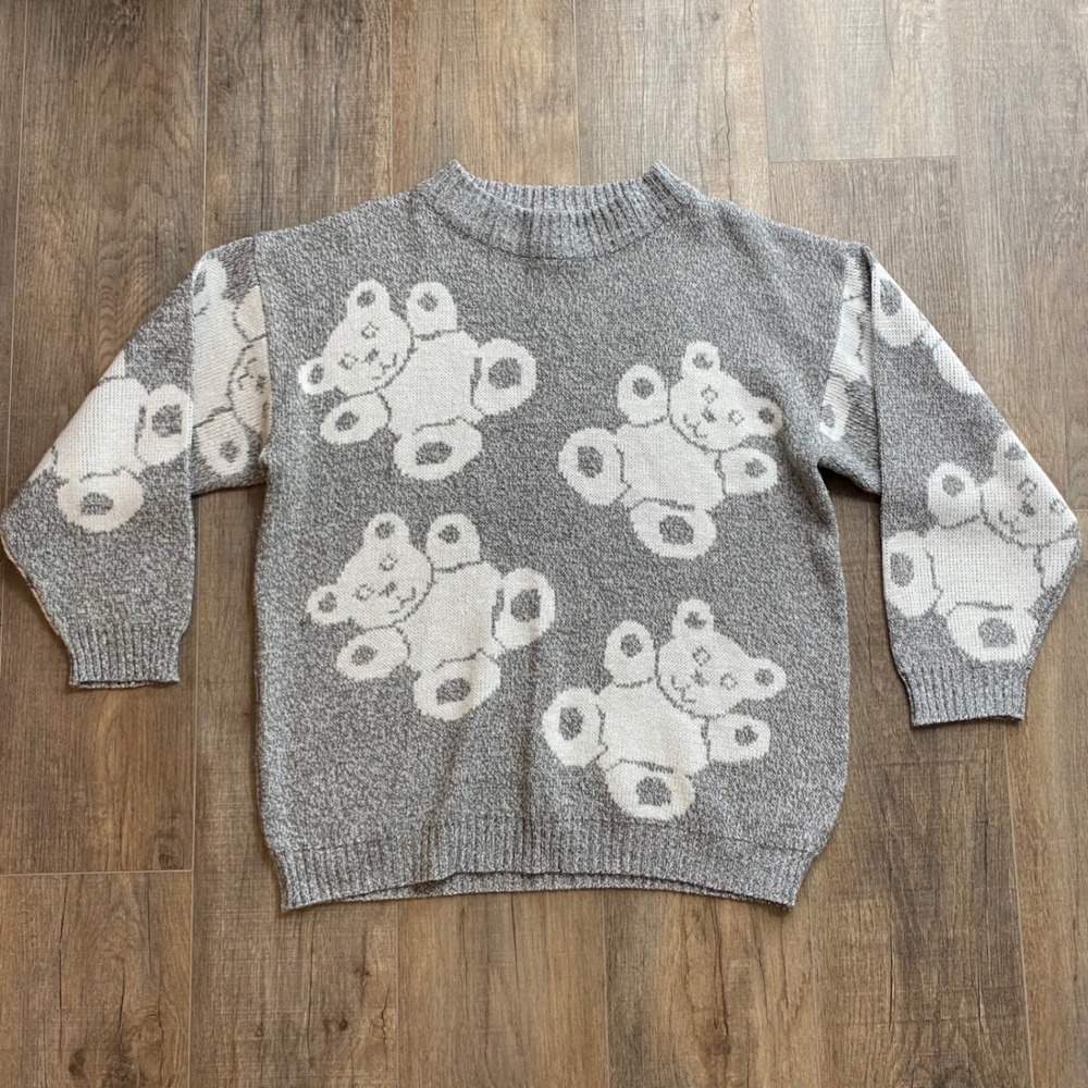Vintage Alyssa Brooke II Teddy Bear Intarsia Knit Sweater Grey White‎ 2X Size 20
